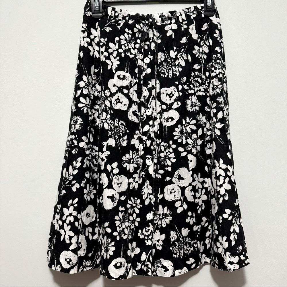 Vintage Black/White Floral Pleated Button Down Skirt